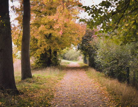 Autumnal alley in the park with yellow and orange leaves.の素材
