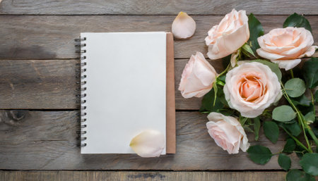 Pink roses and blank notebook on wooden background. Top view with copy spaceの素材