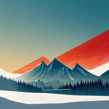 Winter landscape with mountains and forest. Digital art painting. Vector illustration.の素材