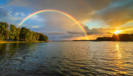 Beautiful rainbow over the lake at sunset. Panoramic view.の素材