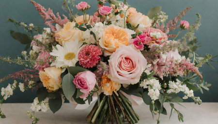 Bouquet of different flowers in a vase on the tableの素材