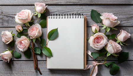Bouquet of pink roses with blank notebook on a wooden backgroundの素材