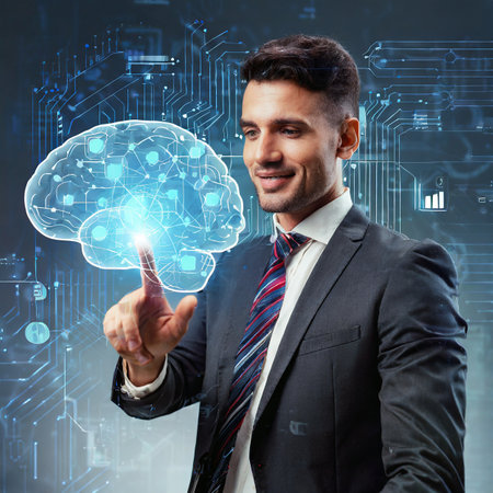 businessman with digital brain and hand touching icon on virtual screen.の素材