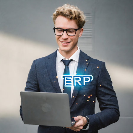 Businessman using laptop with ERP lettering on the screen.の素材