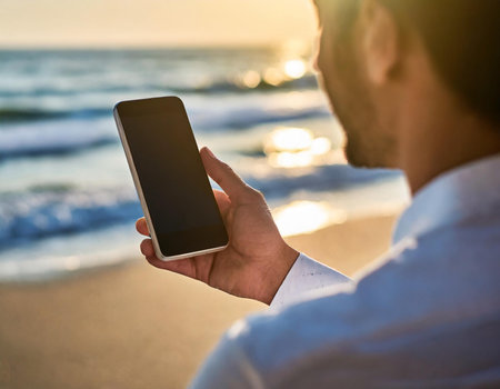 Close-up of a man using smartphone on the beach at sunsetの素材