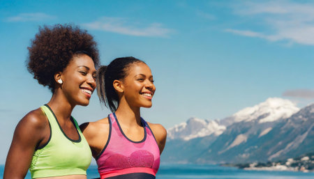 fitness, sport, friendship and healthy lifestyle concept - group of smiling african american women exercising outdoorsの素材