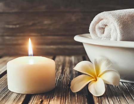 Spa still life with candle, towel and flower on wooden backgroundの素材