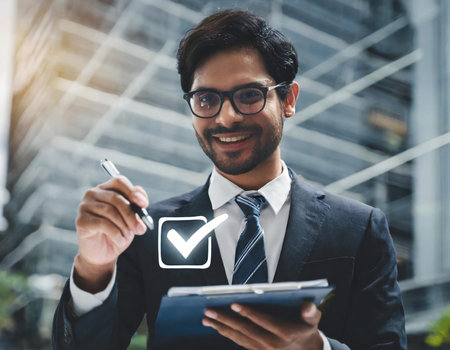Successful businessman in suit and glasses holding a pen and check mark sign.の素材