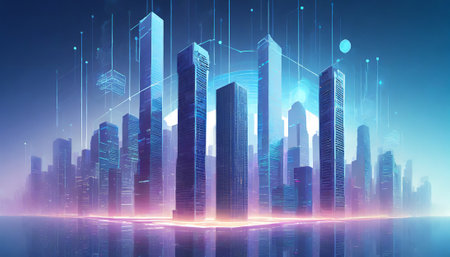 Futuristic cityscape with glowing skyscrapers and neon lightsの素材