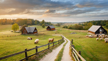 Sheep in the meadow at sunset. Rural landscape in Poland.の素材