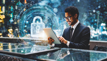 Cyber security, Data protection, information safety and encryption concept. Young businessman using tablet computer with padlock icons over city background.の素材