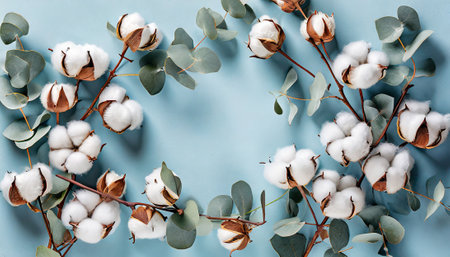 Flowers composition. Frame made of cotton flowers and eucalyptus branches on blue background. Flat lay, top view, copy spaceの素材