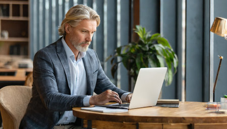 senior businessman working on laptop at table in cafe, copy spaceの素材