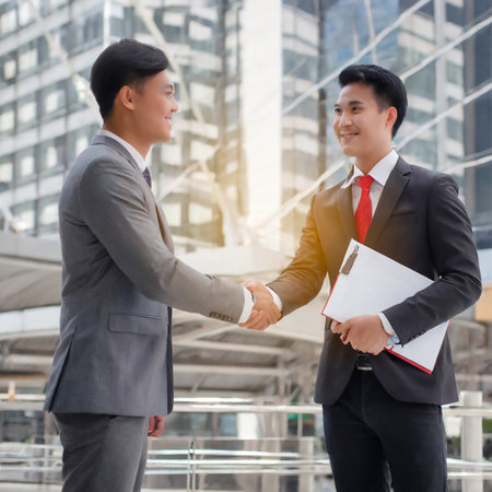 Businessman shake hand with partner in modern city. Business concept.の素材