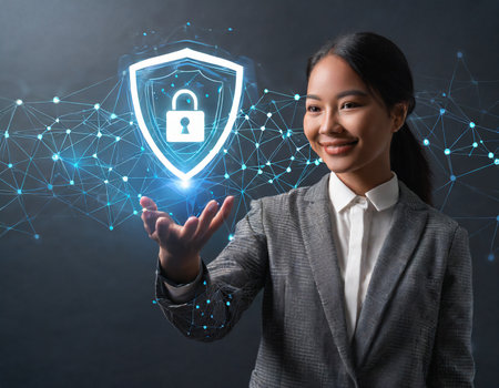 Businesswoman holding a shield with a padlock on the background of a virtual networkの素材