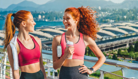 Two sporty red-haired women in sportswear talking and looking at each other while standing on the observation deck of stadiumの素材