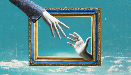 Close up image of human hands reaching for picture frame with sky backgroundの素材
