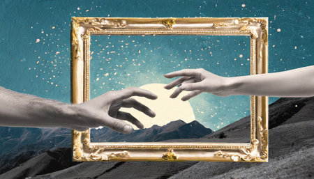 Close up of human hands reaching for picture frame with moon in backgroundの素材