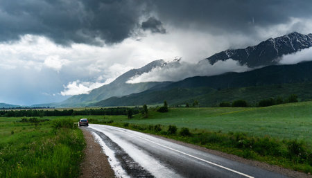 Mountain road in the mountains under the cloudy sky. Russia.の素材