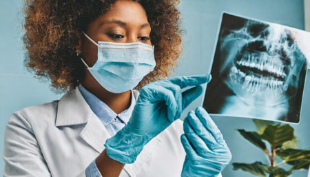 selective focus of african american doctor looking at x-rayの素材