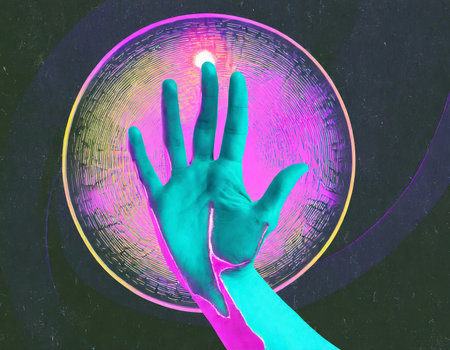 Female hand on abstract background. 3D rendering. Neon colors.の素材