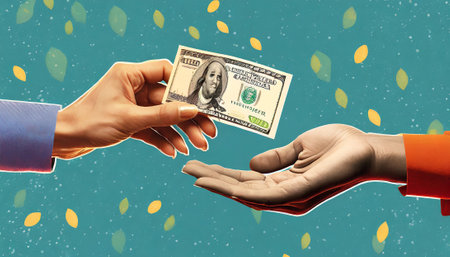 Close up of human hands giving dollar banknotes to each other over falling leaves backgroundの素材