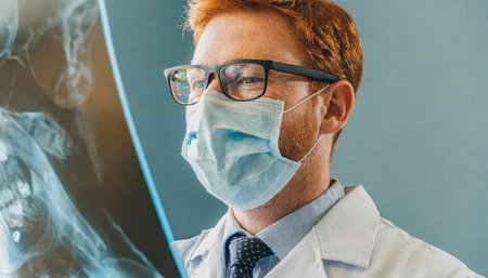Close-up of doctor looking at x-ray image. Doctor wearing face mask and glasses.の素材