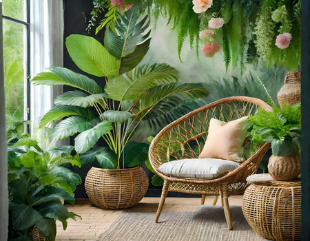 Interior of cozy living room with rattan armchair and tropical plantsの素材