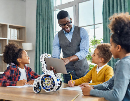 African american teacher and pupils sitting at table and using digital tabletの素材