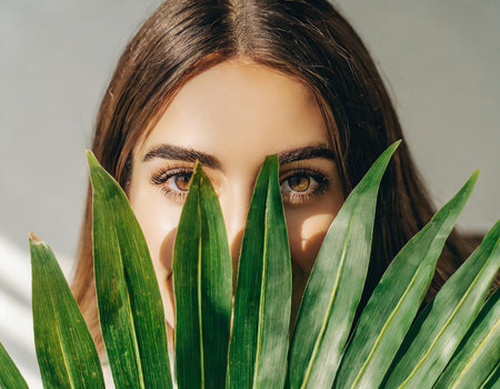 Close up portrait of beautiful young woman with green palm leaf. Natural beauty concept.の素材