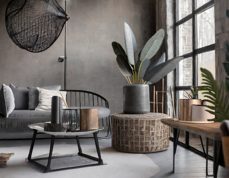 Interior of modern living room with grey sofa and plant in vaseの素材