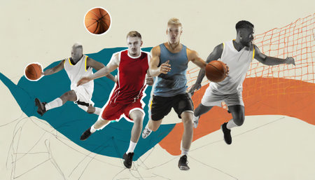 basketball game sport players in action and motion on basketball court with ballの素材