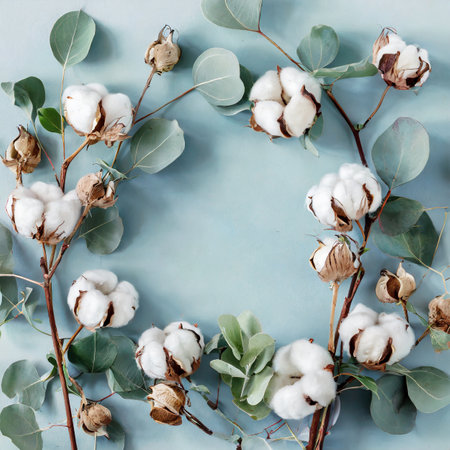 Flowers composition. Wreath made of cotton flowers, eucalyptus branches on blue background. Flat lay, top view, copy spaceの素材