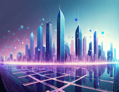 Modern city with glowing skyscrapers in futuristic style. Vector illustrationの素材