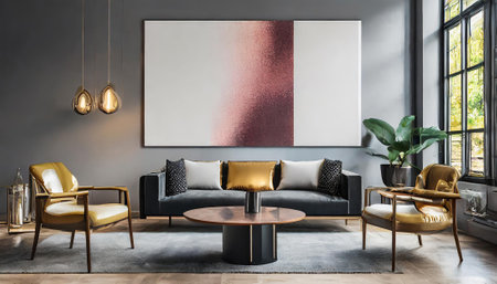 Interior of modern living room with gray walls, concrete floor, black sofa standing near round coffee table and gold armchairs. Vertical mock up poster. 3d renderingの素材