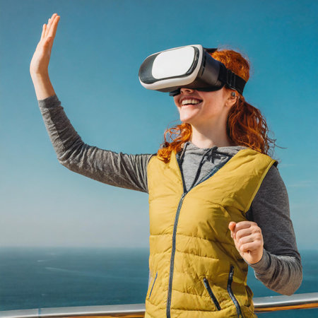 Redhead woman wearing virtual reality goggles on a cruise ship in the seaの素材
