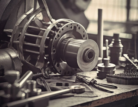 Machine parts and tools in a workshop. Selective focus. Toned.の素材