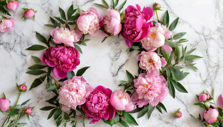 Round frame with pink peonies and green leaves on a white marble backgroundの素材