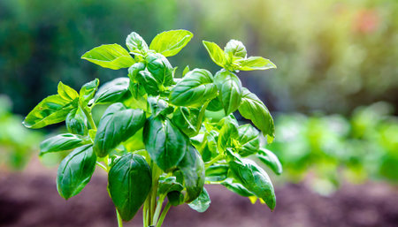 Fresh basil growing in the garden. Selective focus. nature.の素材