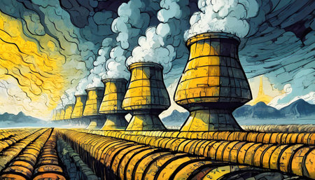Nuclear power plant with chimneys and barrels of radioactive waste, illustrationの素材