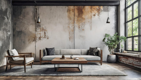 Interior of modern living room with gray walls, concrete floor, brown sofa and wooden coffee table. 3d renderingの素材