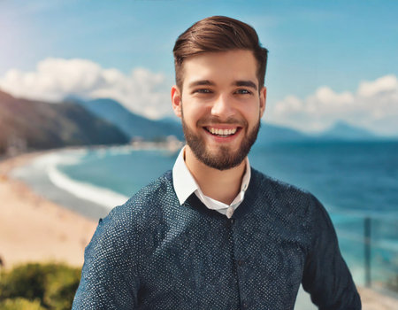 Handsome young man standing on the beach, looking at cameraの素材
