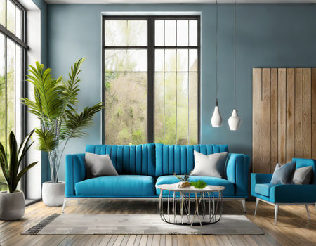 Interior of modern living room with blue sofa, 3d renderの素材