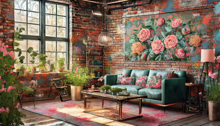 Interior of a vintage living room with brick wall and green sofaの素材