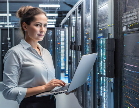 Serious businesswoman using laptop while standing in datacenter server roomの素材