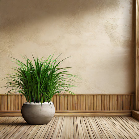 plant in pot on wooden floor and grunge wall. 3d renderingの素材