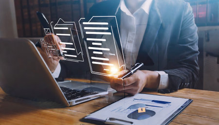 Businessman hand working with mobile phone and laptop computer on wooden desk in office with virtual icon diagramの素材