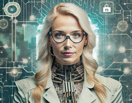 Portrait of a beautiful woman with long blond hair wearing glasses and a coat over digital background.の素材