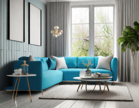 interior of modern bright room with blue sofa 3D rendering illustrationの素材
