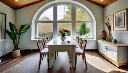 Interior of a modern dining room with a large window overlooking the gardenの素材